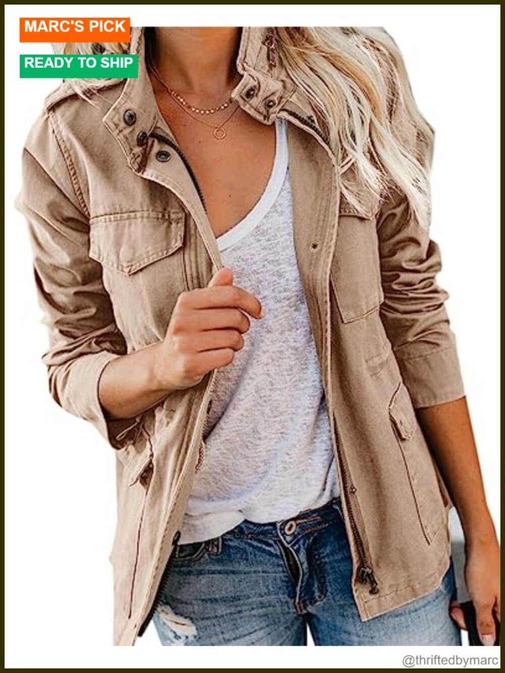 Women Military Anorak Jacket Cotton Linen Blend Zip Up Snap Buttons Utility